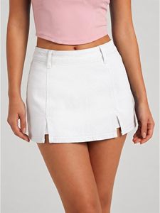 Jupe midi en jean pour femme, coupe trapèze, délavée, avec fentes avant et poches, style décontracté vintage, été, écologique, lavable, tendance - Product Image 4