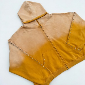 Sudadera con capucha extragrande de felpa francesa con cremallera y logotipo personalizado impreso, de algodón 100% de alto gramaje, estilo vintage desgastado con pedrería. - Product Image 5