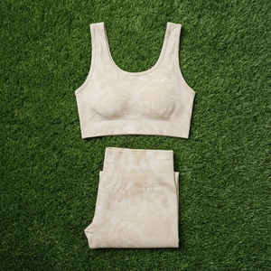 Women <b>Cream</b> Beige Acid Wash Yoga Set Sports Bra High Waist <b>Leggings</b> Gym Fitness Workout Activewear - Product Image 6
