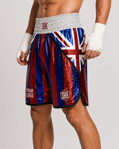Shorts de boxe unisexes professionnels en satin vert métallisé 160g, impression numérique, logo frontal, séchage rapide, strass - Product Image 3