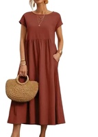 Frauen Vintage Solid Kleid Sommer Elegant O-Ausschnitt Kurzarm Baumwolle Leinen Kleider Weiblich Lässig Lose Sommerkleid Langes Kleid