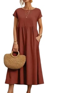 เดรสวินเทจสีพื้นสำหรับผู้หญิงชุดเดรส2025ทรงหลวมลำลองคอกลมแขนสั้นผ้าลินินผ้าฝ้ายชุดเดรสยาวฤดูร้อน - Product Image 2