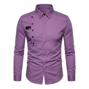 Men Purple Long Sleeve Slim Fit Dress <b>Shirt</b> Solid Color Button Down Collar Smart Casual Woven Fabric - Product Image 1