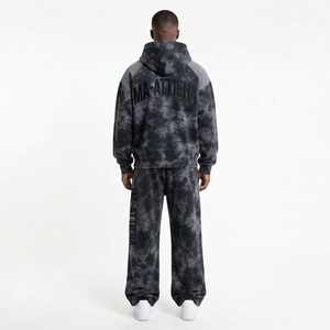 Ensemble survêtement streetwear homme noir et gris tie-dye avec sweat à capuche zippé et pantalon large, détail manches orné de strass, personnalisable OEM ODM - Product Image 2