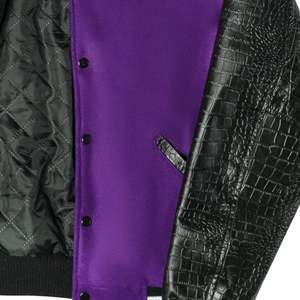 Veste de sport pour homme en violet avec manches en cuir PU noir, coupe classique, vêtement décontracté pour l'automne, col rabattu, fermeture à boutons - Product Image 5