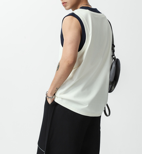 Men's Sleeveless O-Neck Knitted Tank <b>Top</b> Solid Color Casual Wear White And <b>Navy</b> - Product Image 3