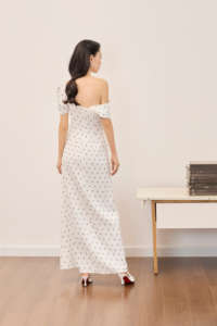 Robe longue asymétrique à pois en satin pour femme, modèle SKY LIGHT, épaules dénudées, à une épaule KD77 - Product Image 4