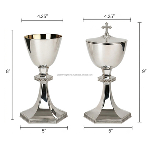 Ensemble Calice et Ciboire pour l'Église Catholique, en Laiton Nickelé Poli, avec Couvercle à Croix, Vases Liturgiques de Communion, Ensemble d'Autel - Product Image 2