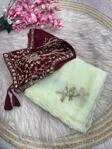 Sari de satén Fandy indio-pakistaní tradicional de verano, hermoso, bonito, puro, suave, con trabajo de lentejuelas pesadas, blusa étnica para fiesta. - Product Image 6