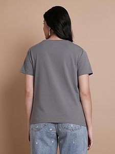T-shirt pour femmes à col rond en spandex élastique uni, tendance, vêtements de rue en tissu éco-responsable et durable - Product Image 2
