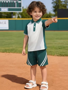 Fashionable Boys Summer Dark Green Casual Jersey Short-Sleeve TEE & Shorts Set ODM White Striped Shorts for Casual Outings - Product Image 5