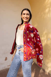 Luxurious Fusion Warmth Suzani Boho <b>Women</b> <b>Coat</b> Red Cotton <b>Velvet</b> Multicolour Floral Embroidered Ladies Jacket - Product Image 2