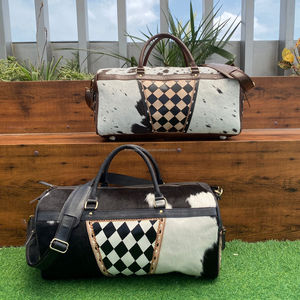Brand New Hand Tooled Cowhide Leather Checkered Pattern Travel Weekender Overnight Duffel <b>Bags</b> Sport Duffle <b>Bags</b> <b>for</b> <b>Men</b> & Women - Product Image 4