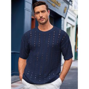 2025 <b>Men's</b> Casual Summer Beach <b>Pullover</b> T-Shirts Oversize Short Sleeve Crewneck Hollow Out Designer Casual Knit Tees - Product Image 3