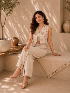Conjunto de Chaleco Bordado de Algodón para Mujer con Pantalones hasta el Tobillo, Estilo Étnico Informal, Corte Holgado de Verano, Estilo India Pakistán - Product Image 2