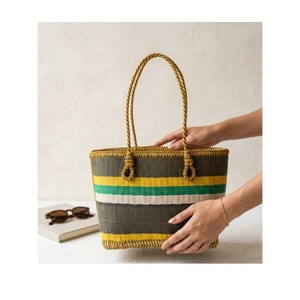 Bolso de Mano de Algodón Tejido, Bolso de Playa con Asas de Cuerda, Gran Capacidad, Suave y Elegante, Rayas Verdes, Amarillas, Blancas y Grises, Bolso de Hombro de Verano - Product Image 1