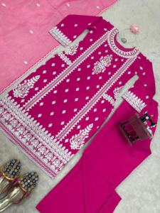 Salwar Kameez pour femmes en soie semi-chinon lourdement brodé, élégant, indien pakistanais, pour mariage, vêtement à séchage rapide, doublure en soie romaine - Product Image 6