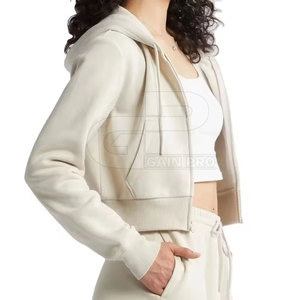 Women Short Cropped Zipper Hoodies Hooded <b>Tops</b> Drop Shoulder Long Sleeves Soft Fabric <b>Zip</b> <b>Front</b> Fit Casual Fashion Wear - Product Image 2