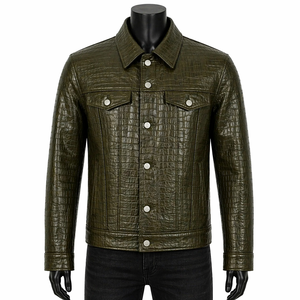 Veste en cuir gaufré vert olive pour homme, col rabattu, fermeture boutonnée, coupe ajustée décontractée, imperméable et respirante pour l'hiver - Product Image 3