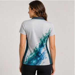 Polo Personalizado para Mujer en Color Gris Claro y Verde Azulado con Diseño de Salpicaduras de Acuarela, de Secado Rápido, Transpirable, Manga Corta, Uniforme de Golf de Alto Rendimiento WPS-0885 - Product Image 3