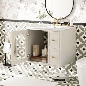 Mobile Bagno Sospeso da 24 Pollici per Spazi Ridotti con Lavabo in Ceramica, 2 Cassetti e 1 Anta con Chiusura Ammortizzata - Product Image 2