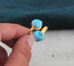 Wholesale <b>Silver</b> Plated Turquoise Classic Two Stone <b>Adjustable</b> Bezel Set Gemstone <b>Ring</b> for Party Occasions - Product Image 3