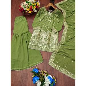 Conjunto de traje de diseñador para mujer con bordado de secuencia Trabajo bordado Sharara elegante - Product Image 4