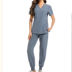Ensemble de tenues médicales pour femmes en gros – Blouse extensible à col en V et pantalon jogger respirant pour infirmières, personnel hospitalier, et professionnels dentaires et chirurgicaux - Product Image 1