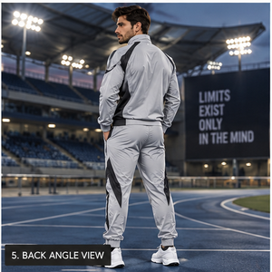 Ensemble de survêtement coupe-vent personnalisé pour homme, gris clair et noir, sublimé, avec veste de course athlétique à fermeture éclair intégrale et pantalon - Product Image 4