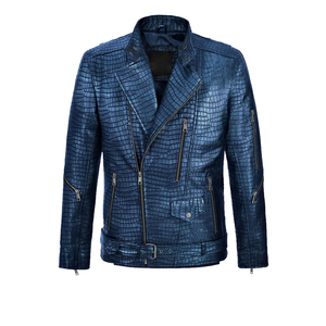 Veste de moto en cuir PU bleu pour homme, motif crocodile embossé, col rabattable, fermeture éclair, coupe ajustée, longueur normale 2027 - Product Image 1