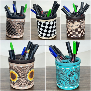 Étui à stylos et crayons rond en cuir de vachette véritable fait main, style western, avec gravures à la main, organisateur de fournitures de bureau, vente en gros - Product Image 4