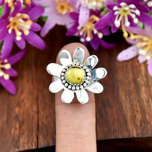 Anillo de plata de ley 925 con piedra turquesa natural estilo bohemio, anillo llamativo con flor de margarita, joyería fina occidental para mujer - Product Image 1
