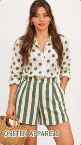 ONETEN APPARELS Ensemble chemisier vert à pois et short rayé pour femme, tenue décontractée d'été en 2 pièces - Product Image 1