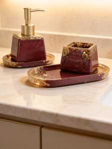 Resin Eco-Friendly Burgundy & Gold Marble <b>Bathroom</b> <b>Accessory</b> <b>Set</b> with Hand-painted Luxury Soap Tumbler & Tray Collection - Product Image 5