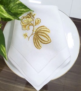 Serviette de table carrée en coton brodée de fleurs dorées, élégante décoration de table pour la maison, les mariages et les fêtes - Product Image 6