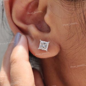 Princess Cut VVS Moissanite Diamond 925 Sterling <b>Silver</b> <b>Stud</b> <b>Earrings</b> Four Prong Solitaire <b>Earrings</b> For Women Men Gift - Product Image 5