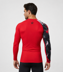 T-shirt de compression haute qualité pour homme, séchage rapide, sportif, logo personnalisable, sublimation, imprimé rouge contrastant, col rond, protection anti-UV, vêtement de sport - Product Image 4