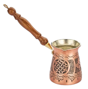 Hermosa cafetera turca griega árabe de latón grabado y pulido, cafetera para estufa, Cezve Ibrik Briki con mango de madera - Product Image 3
