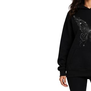 Sudadera con Capucha Extra Grande Personalizada con Pedrería Negra en Forma de Mariposa para Mujer, Sudadera con Capucha de Felpa de Algodón Premium, Informal para Invierno - Product Image 2
