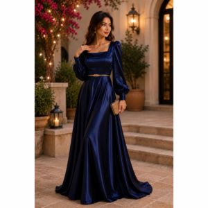 Elegant <b>Navy</b> Blue Satin Maxi Dress for Women Long Puff Sleeve Formal Evening Gown - Product Image 4