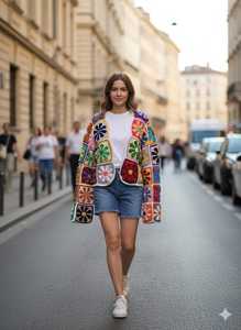 Women's <b>Crocheted</b> Patchwork <b>Cardigan</b> Full Sleeve Bohemian Style Medium Length O-Neck Colorful Floral Appliques Spring Wear - Product Image 1