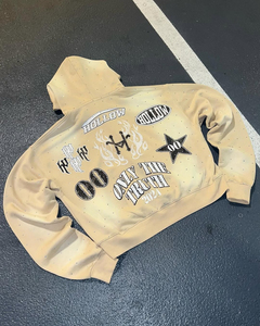Vente en gros Sweat à capuche vintage coupe ample, délavé à l'acide, effet vieilli, en coton et polyester, grammage lourd, avec impression en relief de strass et fermeture éclair - Product Image 3