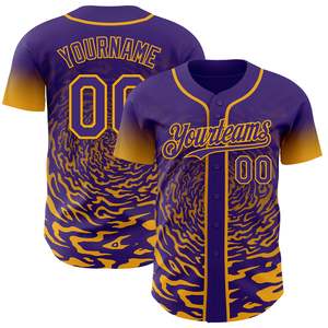 เสื้อเบสบอลทีมสีม่วงเหลืองแบบกำหนดเอง ผ้าโพลีเอสเตอร์ 100% ตาข่ายเบิร์ดอาย ติดกระดุมเต็มตัว ชุดกีฬา ผลิตโดยโรงงาน OEM คุณภาพส่งออก - Product Image 1