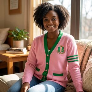 Pink <b>Varsity</b> <b>Cardigan</b> Sweater with Green Trim Button Front Long Sleeve Knit Pullover Casual Fashion Sweater for Women - Product Image 6