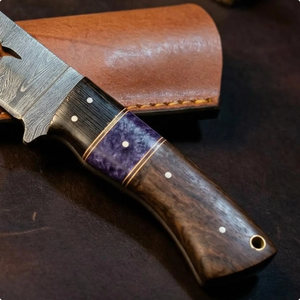 Damascus Steel Fixed Blade <b>Knife</b> Walnut Purple Handle Leather Sheath Handmade Collectible EDC Survival <b>Knife</b> OEM/ODM - Product Image 3