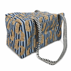 Sac de voyage en coton matelassé à rayures bleues et imprimé léopard, sac de sport de grande capacité, léger, pour la gym, les voyages de week-end, les séjours de nuit - Product Image 2
