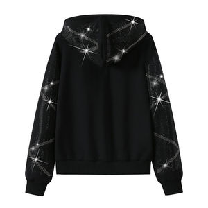 Women's Black Hooded Tracksuit Set Glitter Print Geometric Pattern Full Zipper Casual Autumn Wear Breathable Polyester Material - Product Image 3