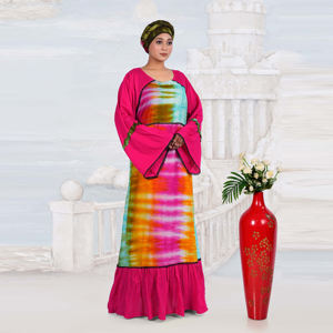 Caftán de Rayón con Panel de Estampado Digital Vibrante, Mangas Acampanadas, Acabado de Borde en Contraste y Silueta Fluida hasta el Suelo - Product Image 4