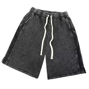 Men's Garment Acid Wash Cotton T-Shirt & Shorts Set Solid Color Casual Summer Wear Knitted Fabric Drawstring Waist - Product Image 5