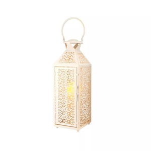 White Square Metal <b>Lantern</b> <b>Set</b> 2 Piece Decorative Candle Holder with Intricate Cutout Design for Home Decoration - Product Image 2